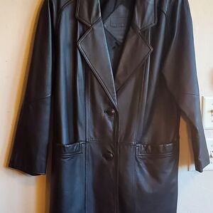 Women's Vintage 90's Preston & York Black Leather Medium Length Trench Coat S Sm